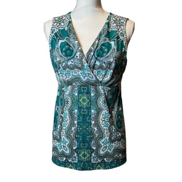 Peck & Peck Women's Sleeveless Top Emerald Green Paisley Medallion Print Medium - Picture 1 of 9